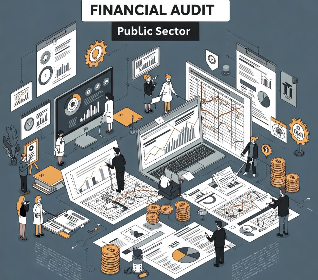 Ilustração de um ambiente de auditoria financeira aplicada ao setor público. A imagem mostra várias figuras analisando gráficos, tabelas, e dados financeiros em telas de computador, documentos impressos e planilhas. Elementos como moedas, gráficos de barras e engrenagens representam aspectos de controle financeiro, transparência e eficiência no setor público. O título no topo destaca 'Financial Audit' e 'Public Sector', reforçando o foco na auditoria financeira para o setor público.